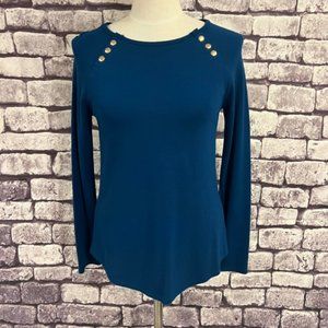 Chico's Blue Long Sleeve Rounded Bottom Top Size Small